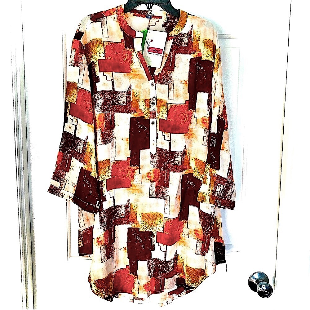 Prom Girl Long Sleeve Tunic Top Abstract Print Brown/Orange/White Size L